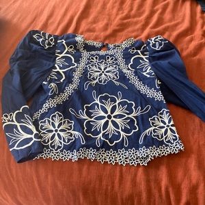 Blue EXPRESS blouse with white flowers embroidered size Large